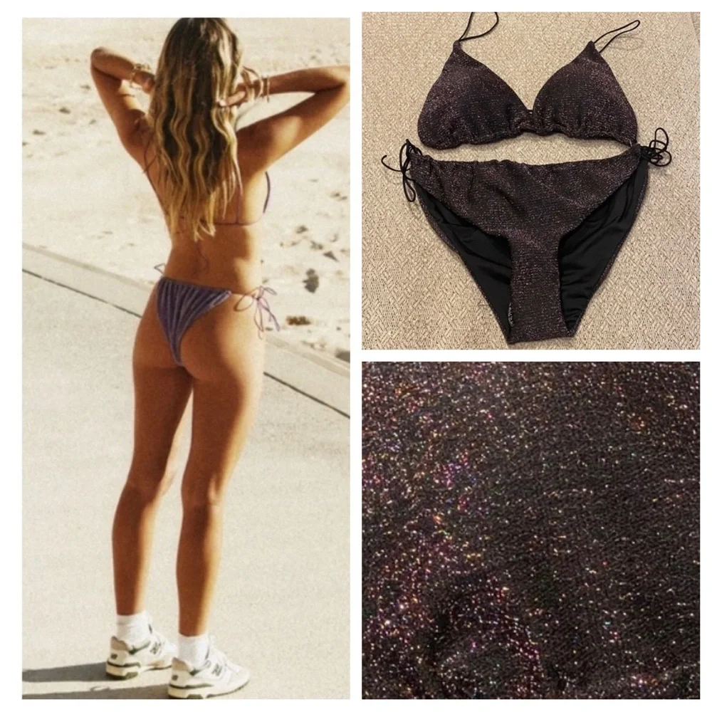 NEW It’s Now Cool black lurex String Bikini Top Gathered Tie Pant 14423